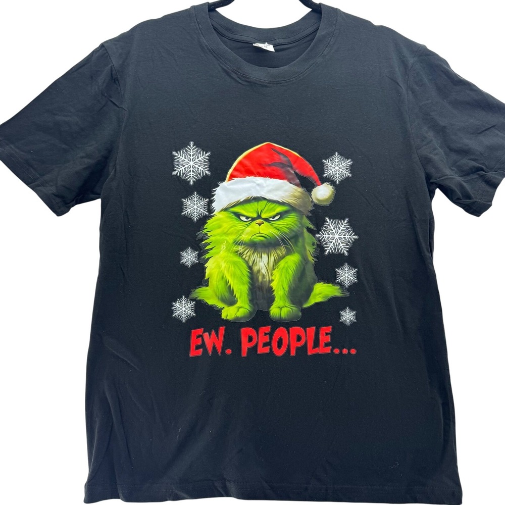 Grinch Style Cat Christmas T-Shirt Men's M "Ew‎ People" Funny Holiday Graphic